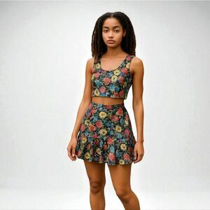 NWOT Sara Boo Season Of Blooms Floral Tapestry Print Matching Skater Skirt Set L